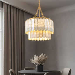 Coastal 5-Light Capiz Shell 2 Tiered Faceted Chandelier Pendant Light in Gold & White - thumbnail 2