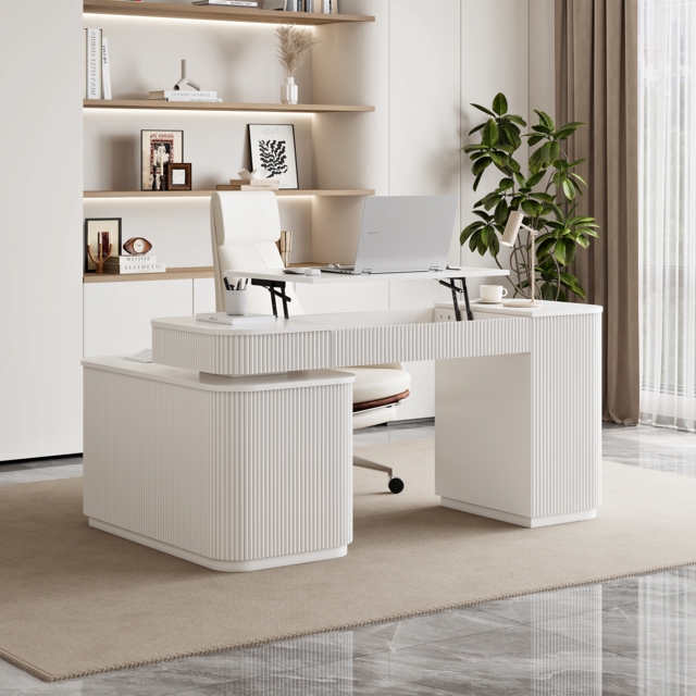 "Modern 65"" L-Shape White Executive Desk with Lift-Top, Drawers & Cabinet, Right Hand" - image 1