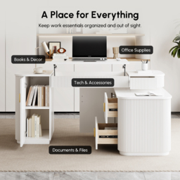 "Modern 65"" L-Shape White Executive Desk with Lift-Top, Drawers & Cabinet, Right Hand" - thumbnail 8