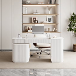 "Modern 65"" L-Shape White Executive Desk with Lift-Top, Drawers & Cabinet, Right Hand" - thumbnail 2