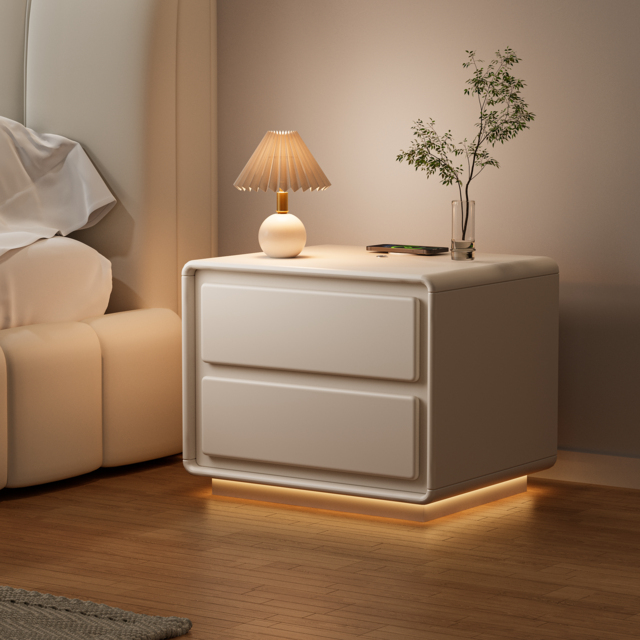 Modern Bedside Table off-white with 2-drawers and LED and USB charging function - image 1