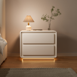 Modern Bedside Table off-white with 2-drawers and LED and USB charging function - thumbnail 2