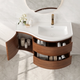 90 cm Floating Curved Bathroom Vanity Half-Circle Bathroom Cabinet Walnut - thumbnail 5