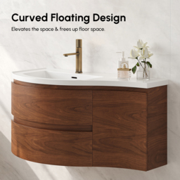 90 cm Floating Curved Bathroom Vanity Half-Circle Bathroom Cabinet Walnut - thumbnail 6