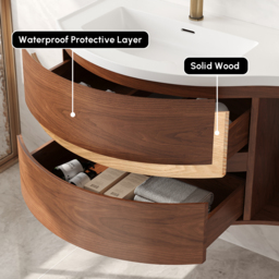 90 cm Floating Curved Bathroom Vanity Half-Circle Bathroom Cabinet Walnut - thumbnail 9