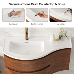 90 cm Floating Curved Bathroom Vanity Half-Circle Bathroom Cabinet Walnut - thumbnail 7