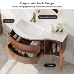 90 cm Floating Curved Bathroom Vanity Half-Circle Bathroom Cabinet Walnut - thumbnail 8
