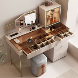 Chanor Dressing Table with Chair Mirrored Dressing Table with Jewellery Storage & Cabinet & Stool - thumbnail 2