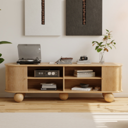 Ash Solid Wood Mid Century Modern Oval TV Stand with Storage - thumbnail 6