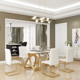 Modern Minimalist Dining Chairs Upholstered PU Leather White Gold Metal Base Dining Room Chairs 6-Pieces - thumbnail 5