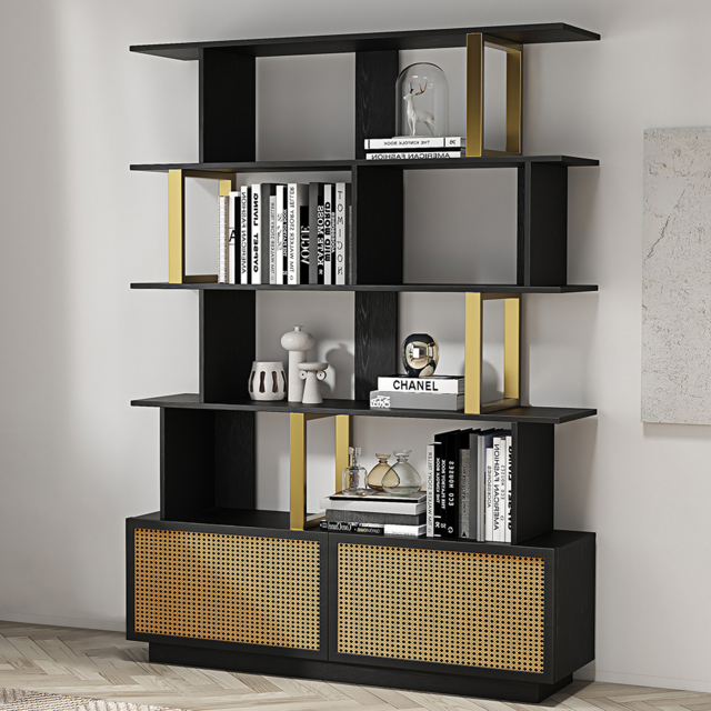 5-Tier Black Wood Bookshelf with 2 Doors Modern Bookcase in Gold Finish - image 1