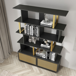5-Tier Black Wood Bookshelf with 2 Doors Modern Bookcase in Gold Finish - thumbnail 3