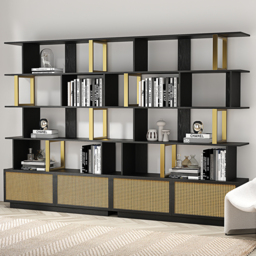5-Tier Black Wood Bookshelf with 2 Doors Modern Bookcase in Gold Finish - thumbnail 5