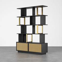 5-Tier Black Wood Bookshelf with 2 Doors Modern Bookcase in Gold Finish - thumbnail 7