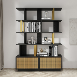 5-Tier Black Wood Bookshelf with 2 Doors Modern Bookcase in Gold Finish - thumbnail 2