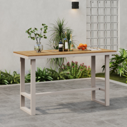 Tevara Outdoor Teak Wood Slat Top & Sand Aluminium Frame Bar Table for Patio - thumbnail 3