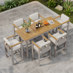 Tevara Outdoor Teak Wood Slat Top & Sand Aluminium Frame Bar Table for Patio - thumbnail 2
