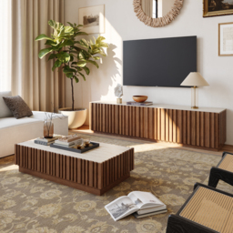 Aura TV Stand Set of Ash Wood Slatted TV Stand & Coffee Table with Sintered Stone Top - thumbnail 2