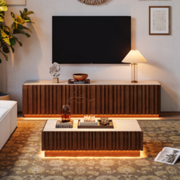 Aura TV Stand Set of Ash Wood Slatted TV Stand & Coffee Table with Sintered Stone Top - thumbnail 1