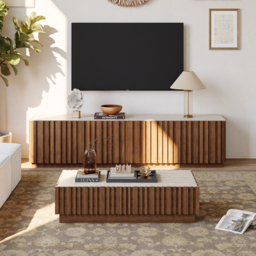 Aura TV Stand Set of Ash Wood Slatted TV Stand & Coffee Table with Sintered Stone Top - thumbnail 3