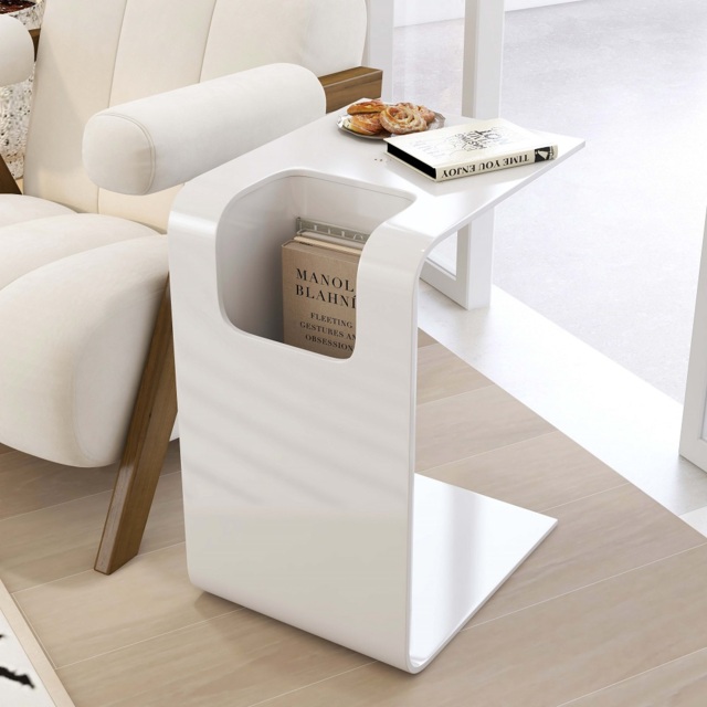 Oak Wood C-Style End Table with Magazine Rack Organizer C Side Table in White - image 1