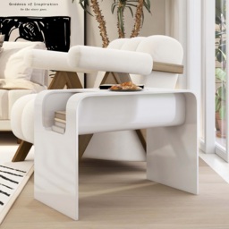 Oak Wood C-Style End Table with Magazine Rack Organizer C Side Table in White - thumbnail 2