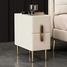 Inarrow Modern Beige Bedside Table Bedside Table with 2 Drawers in Gold Legs