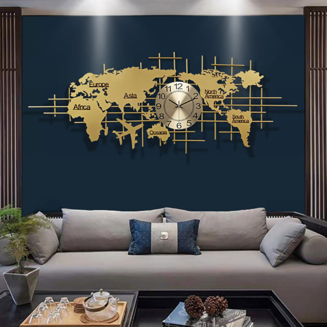 1500mm x 580mm Luxury Oversized World Map Wall Clock Golden Metal Home Decor - image 1