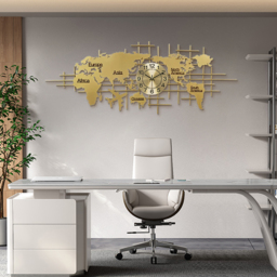 1500mm x 580mm Luxury Oversized World Map Wall Clock Golden Metal Home Decor - thumbnail 5