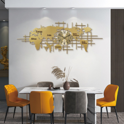 1500mm x 580mm Luxury Oversized World Map Wall Clock Golden Metal Home Decor - thumbnail 3