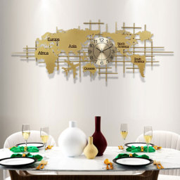 1500mm x 580mm Luxury Oversized World Map Wall Clock Golden Metal Home Decor - thumbnail 2
