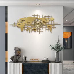 1500mm x 580mm Luxury Oversized World Map Wall Clock Golden Metal Home Decor - thumbnail 4