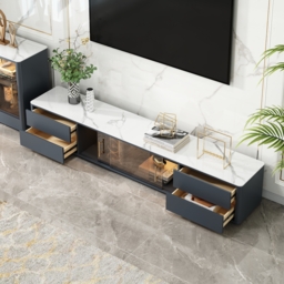 Dark Grey TV Stand Sintered Stone Top 4-Drawer Glass Doors Media Console in Small - thumbnail 3