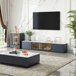 Dark Grey TV Stand Sintered Stone Top 4-Drawer Glass Doors Media Console in Small - thumbnail 4