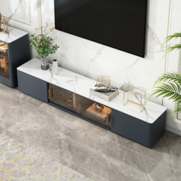 Dark Grey TV Stand Sintered Stone Top 4-Drawer Glass Doors Media Console in Small