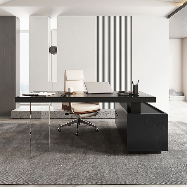 Set Modern Black L-Shape Standing Desk & Leather Office Desk Chair Set Khaki (1815mm) - image 1