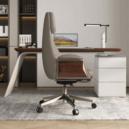 Set Modern Black L-Shape Standing Desk & Leather Office Desk Chair Set Khaki (1815mm) - thumbnail 7