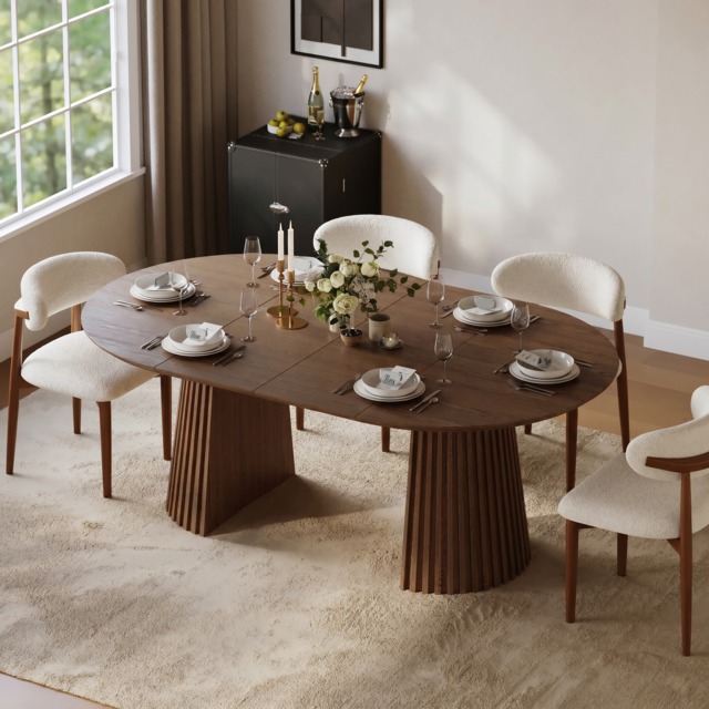 119 - 200 cm Extendable Round-to-Oval Wood Dining Table with Fluted Base, Seats 4-6 - image 1