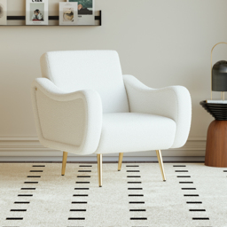 Modern White Boucle Accent Chair Armchair with Metal Leg in Gold - thumbnail 1