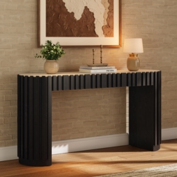 "Aura 60"" Ash Wood Fluted Black Console Table With Sintered Stone Top"