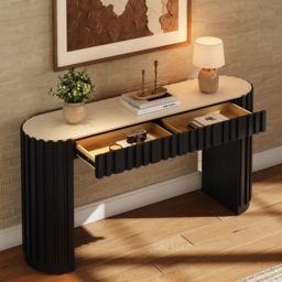 "Aura 60"" Ash Wood Fluted Black Console Table With Sintered Stone Top" - thumbnail 4