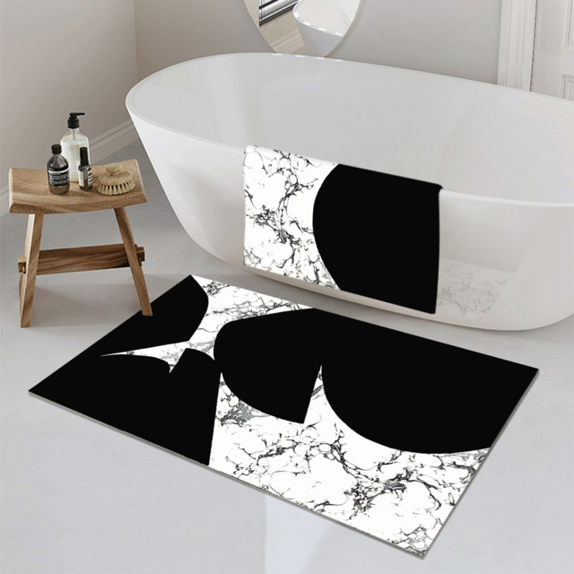 2 Pieces Black&White Geometric Bath Mat Set Marble Texture Non-slip Absorbent Rug Sets - image 1
