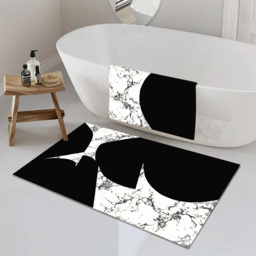 2 Pieces Black&White Geometric Bath Mat Set Marble Texture Non-slip Absorbent Rug Sets - thumbnail 1