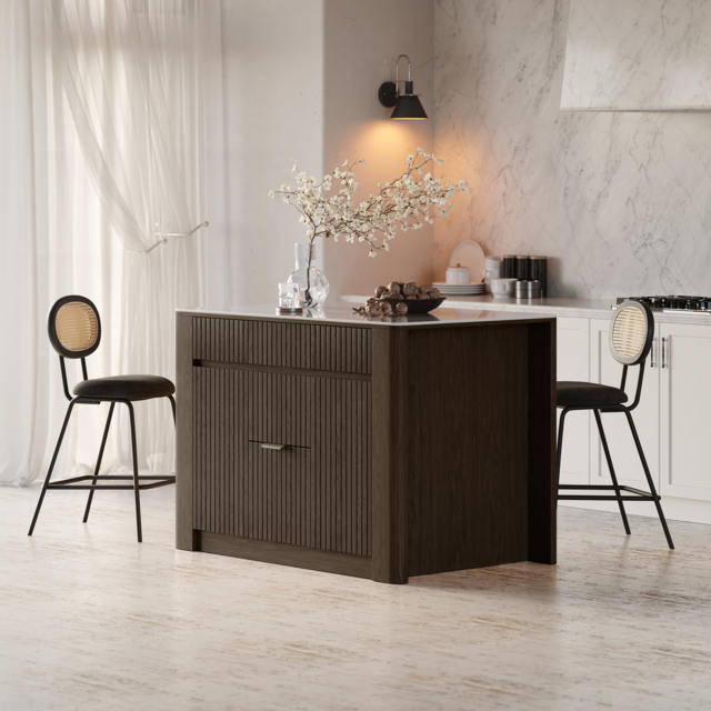 Mid-Century 129 cm Glossy Sintered Stone Top Kitchen Island with Storage, Smoked Brown - image 1