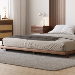 Japanese Style King Low Bed Frame Solid Wooden Floor Bed in Walnut - thumbnail 8