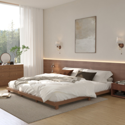 Japanese Style King Low Bed Frame Solid Wooden Floor Bed in Walnut - thumbnail 5