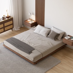 Japanese Style King Low Bed Frame Solid Wooden Floor Bed in Walnut - thumbnail 2