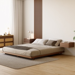 Japanese Style King Low Bed Frame Solid Wooden Floor Bed in Walnut - thumbnail 1