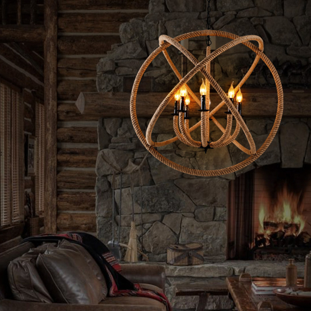 8-Light Round Globe Chandelier 830mm Chandelier Hemp Rope in Black Metal Candle Light - image 1