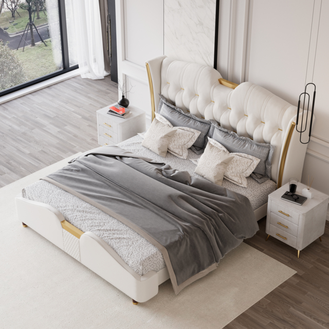 Super King Size Upholstered Bed Frame with Tufted Wingback Headboard